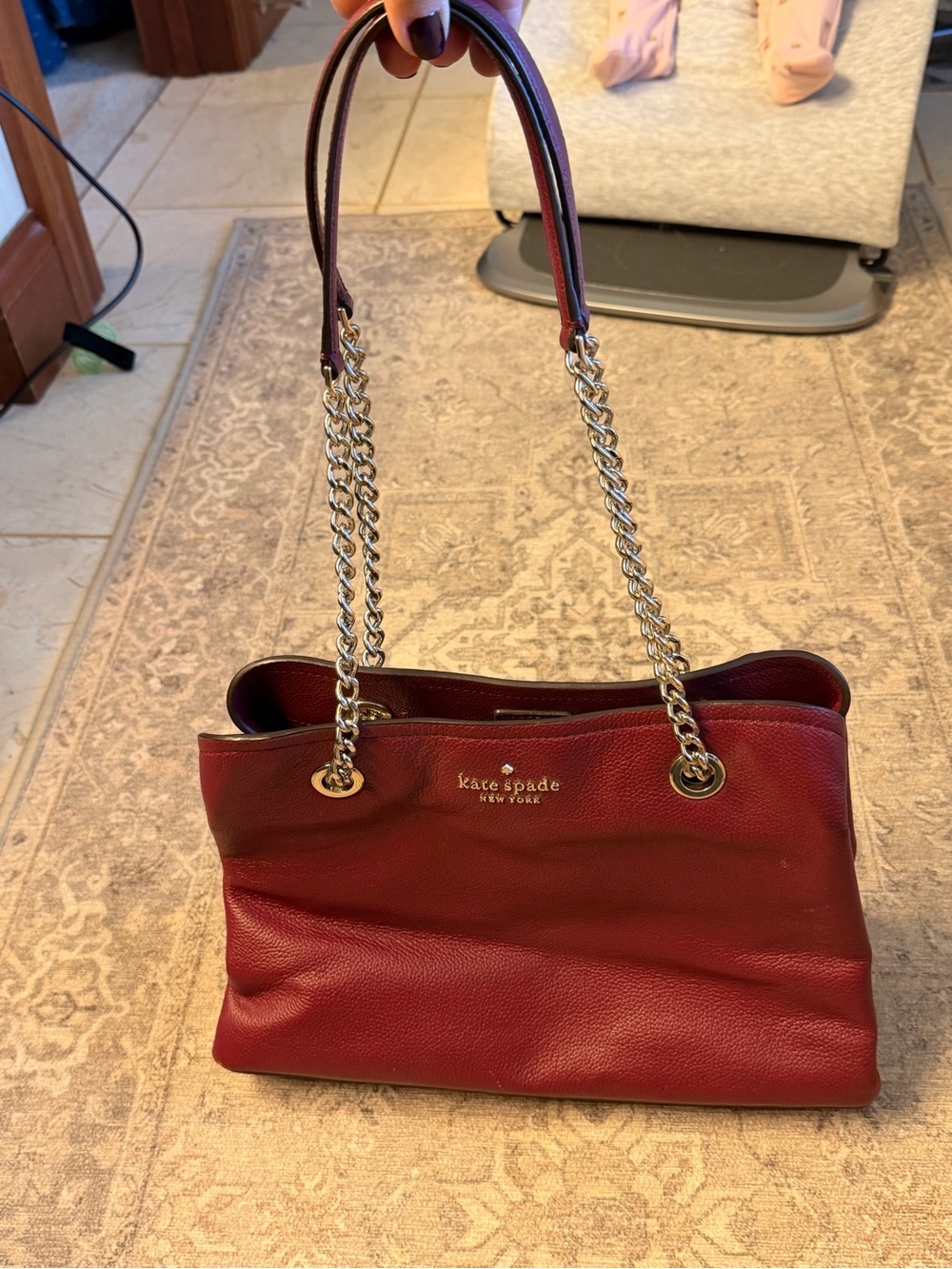 kate spade burgundy pebbled leather shoulder bag with gold chain straps